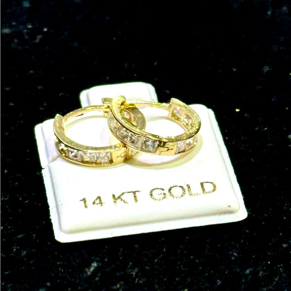 Solid Gold 14karat Hoop Earring with Cz Grade A StoneBaguette Cz Zirconia